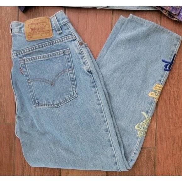 Vintage Levis Trucker Jacket Large Jeans Size 12 Set Denim Embroidered Dragon - Picture 3 of 16